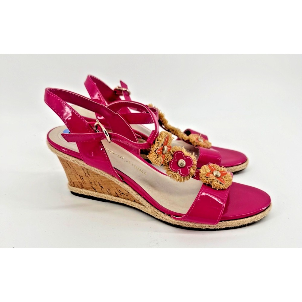 Etienne Aigner Pink Patent Cork Wedge Sandals Floral Raffia 7.5 Coquette barbie